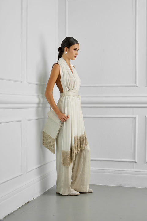 Women's Long Scarf with Fringes & Metallic Details 