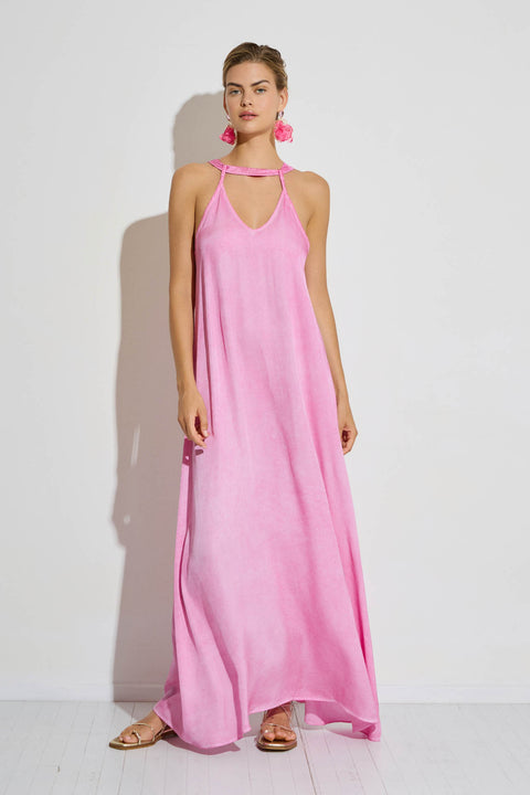 Μάξι φόρεμα με V λαιμόκοψη και garment dyed επεξεργασία