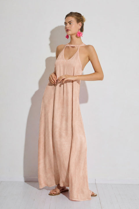 Μάξι φόρεμα με V λαιμόκοψη και garment dyed επεξεργασία