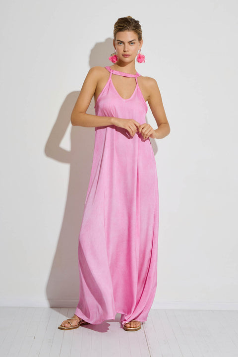 Μάξι φόρεμα με V λαιμόκοψη και garment dyed επεξεργασία
