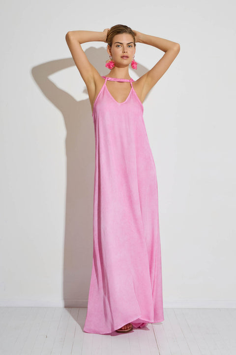 Μάξι φόρεμα με V λαιμόκοψη και garment dyed επεξεργασία