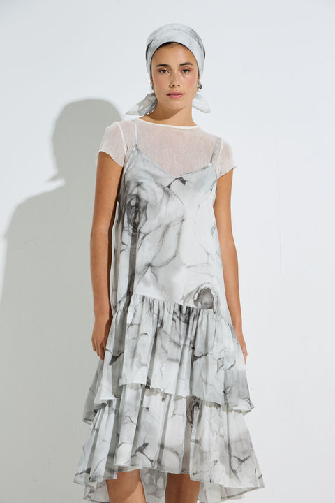 Γυναικείο Φόρεμα με Τιράντες και Βολάν "Marble & Roses" print