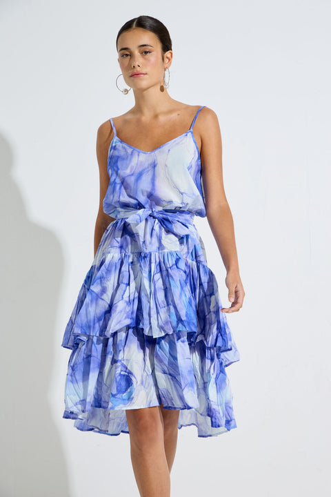 Γυναικείο Φόρεμα με Τιράντες και Βολάν "Marble & Roses" print