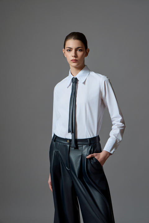 Παντελόνι wide leg με ζώνη από οικολογικό δέρμα
