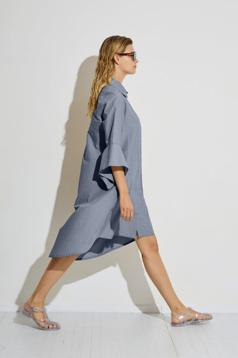 Ριγέ πουκαμισοφόρεμα σε Α γραμμή με μανίκι καμπάνα