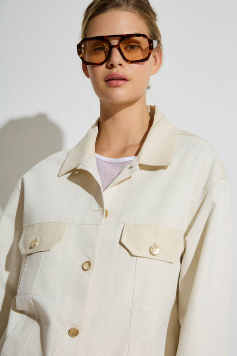 Oversize μπουφάν τύπου τζιν με διακριτική μεταλλική υφή