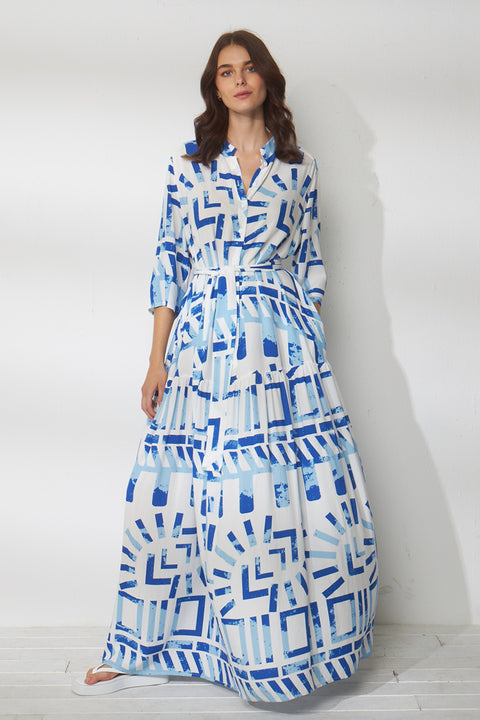 Maxi φόρεμα με μανίκι 3/4 από βισκόζη με κόψιμο και σούρες σε print σχέδιο Bloue Sky Σύνθεση 100% VISCOSE